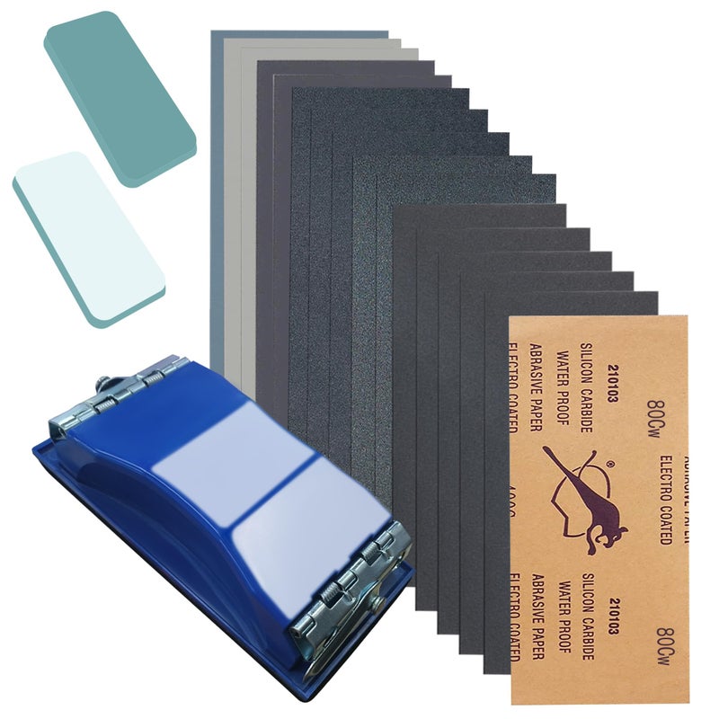 VRKET 3-in-1 Wet Dry Sandpaper Set 48 Sheets of 80 to 3000 Grit Sand Paper 1 Sandpaper Holder and 2 Sponges Sanding Block for Wood Furniture Finishing Metal Automotive Sanding Polish - Image 1